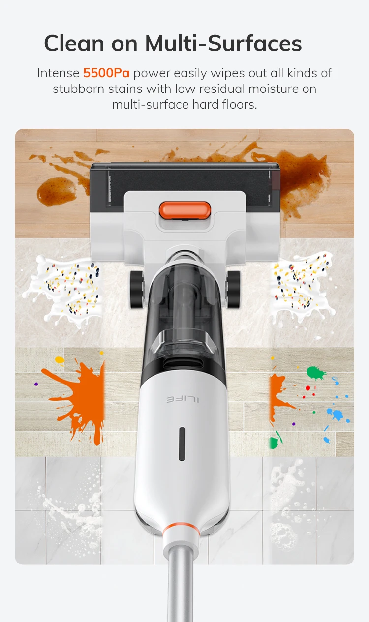 Ilife W90 Cordless Wireless Wet Dry Smart Mop Washing, 5500Pa Suction, 1 Min Self Cleaning, Large Dual Water Tank