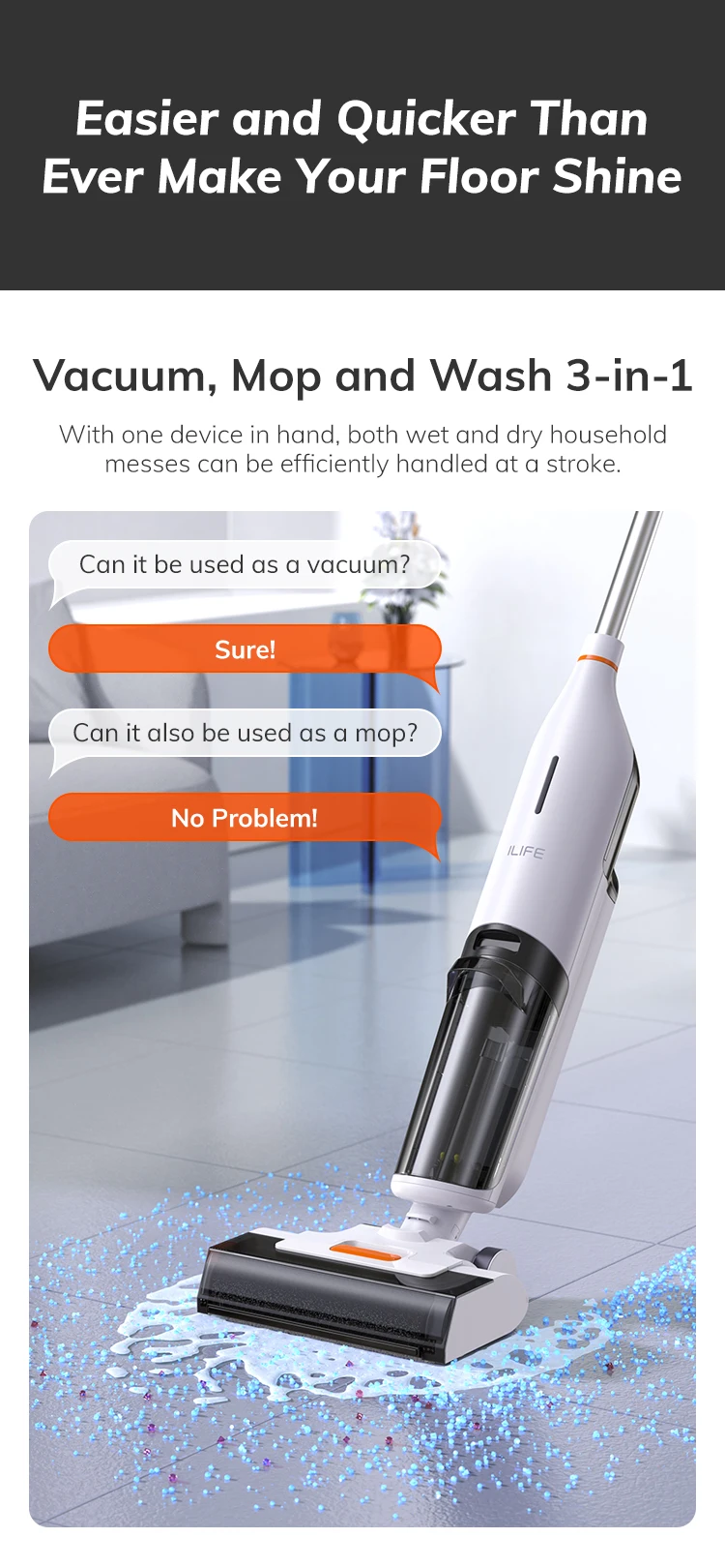 Ilife W90 Cordless Wireless Wet Dry Smart Mop Washing, 5500Pa Suction, 1 Min Self Cleaning, Large Dual Water Tank