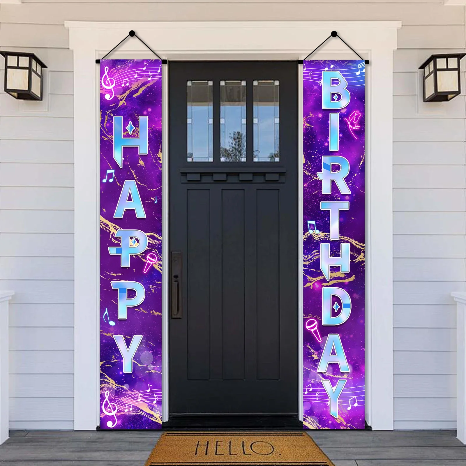 Neon Happy Birthday Banner Couplet Porch Backdrop, Music Theme Party Decor & Photo Props for Girls Birthday Party Favors
