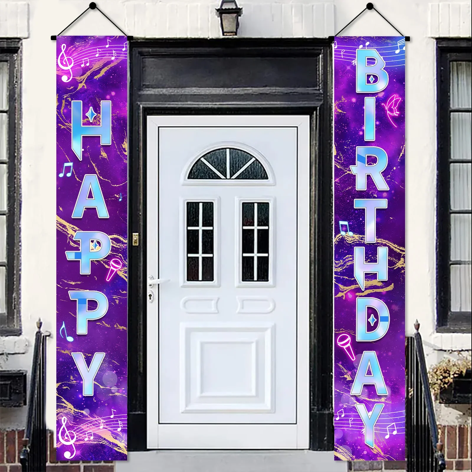Neon Happy Birthday Banner Couplet Porch Backdrop, Music Theme Party Decor & Photo Props for Girls Birthday Party Favors
