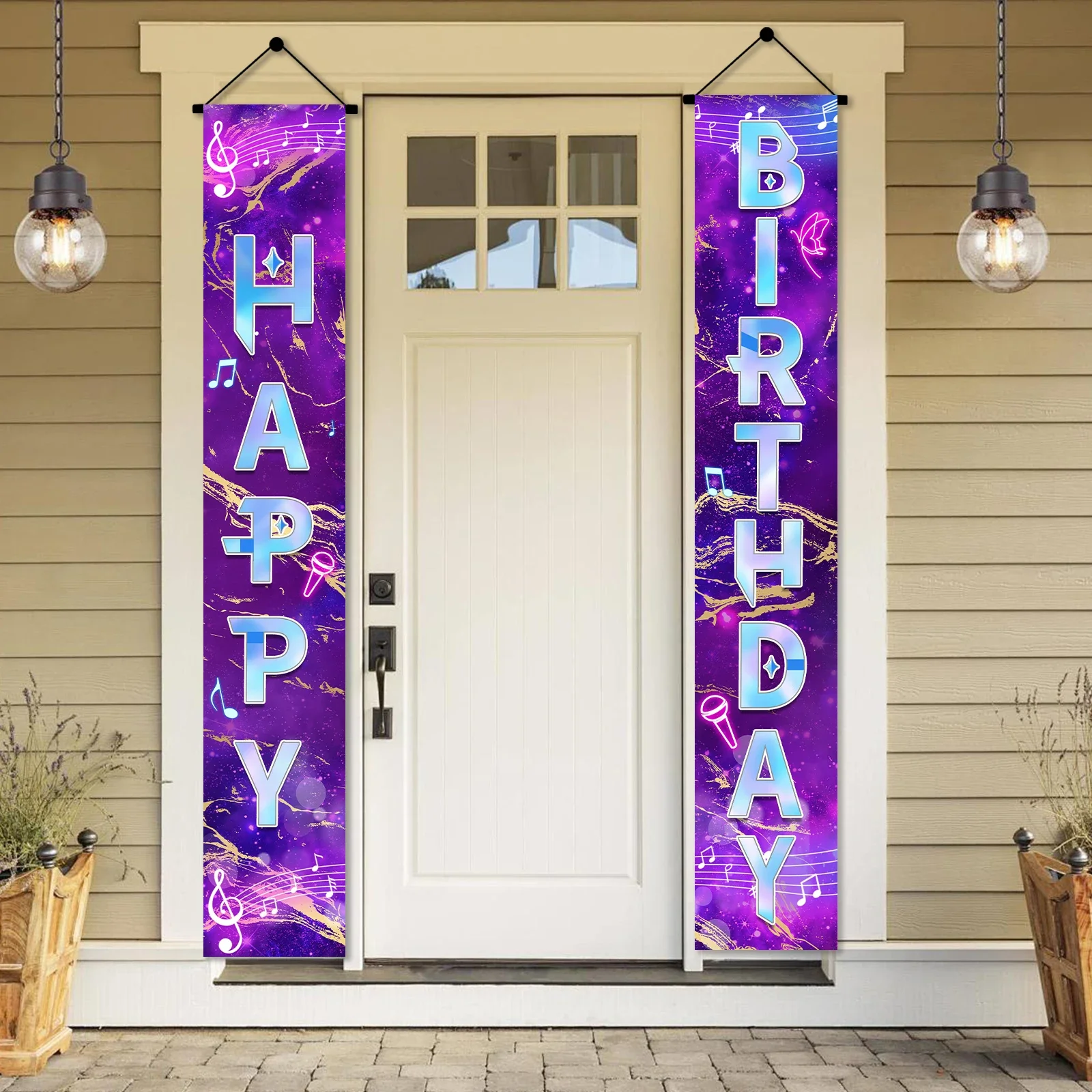 Neon Happy Birthday Banner Couplet Porch Backdrop, Music Theme Party Decor & Photo Props for Girls Birthday Party Favors