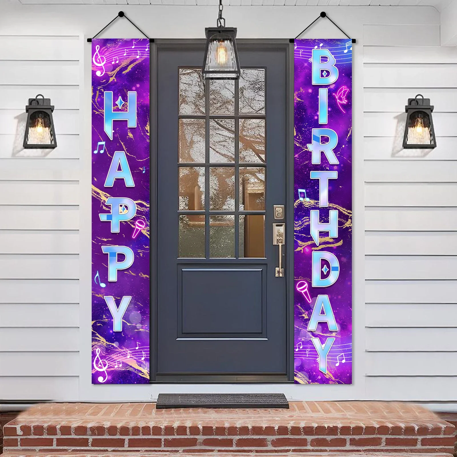 Neon Happy Birthday Banner Couplet Porch Backdrop, Music Theme Party Decor & Photo Props for Girls Birthday Party Favors