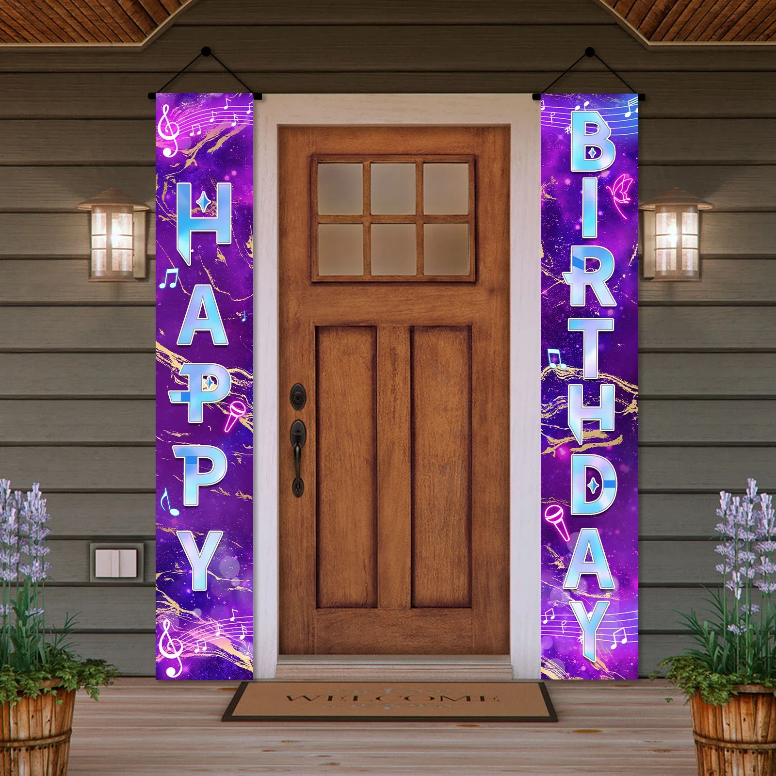 Neon Happy Birthday Banner Couplet Porch Backdrop, Music Theme Party Decor & Photo Props for Girls Birthday Party Favors