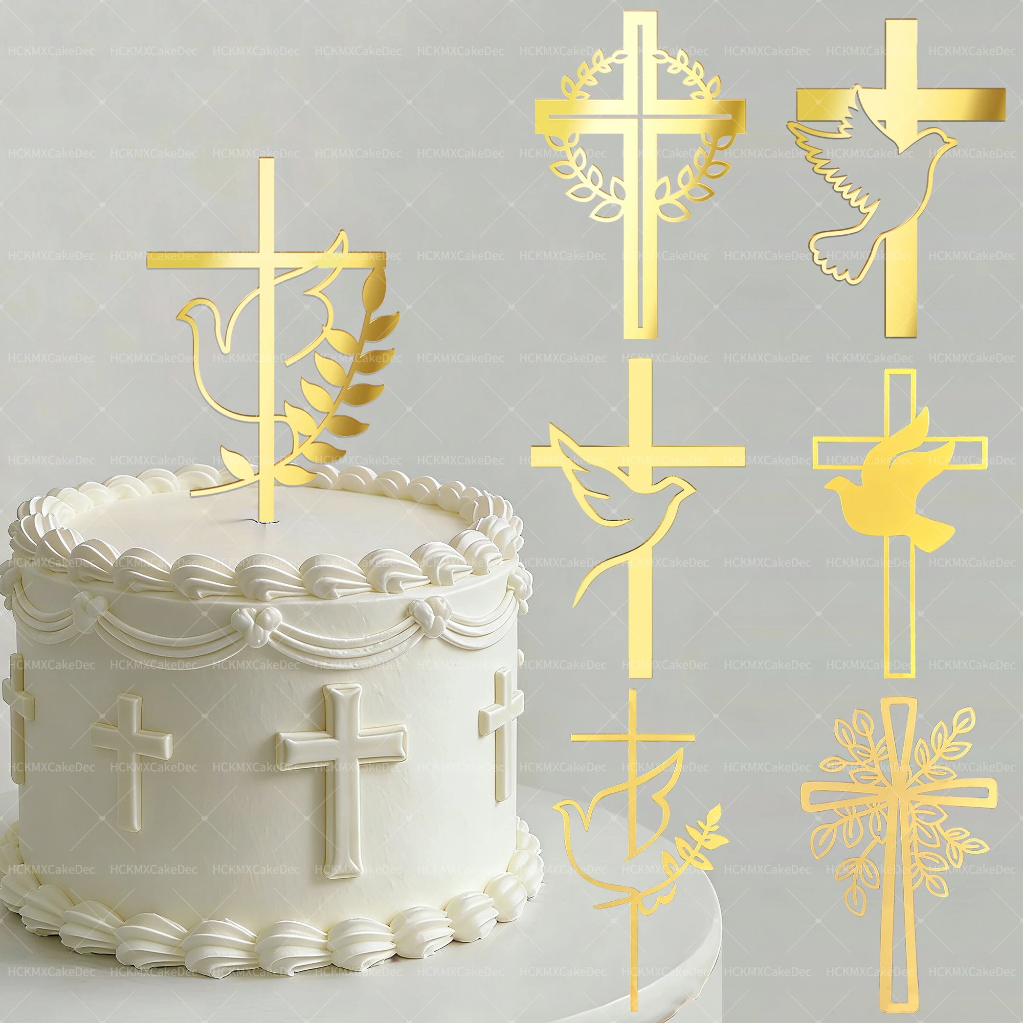 3pcs/6pcs Gold Acrylic Cross Cake Toppers Leaf Design Cake Picks for Baptism First Communion Party Decor Supplies