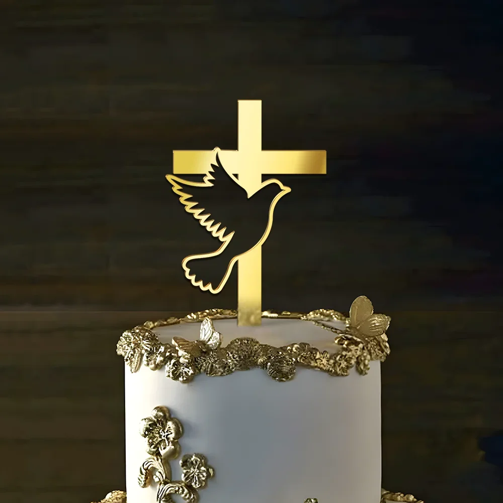 3pcs/6pcs Gold Acrylic Cross Cake Toppers Leaf Design Cake Picks for Baptism First Communion Party Decor Supplies