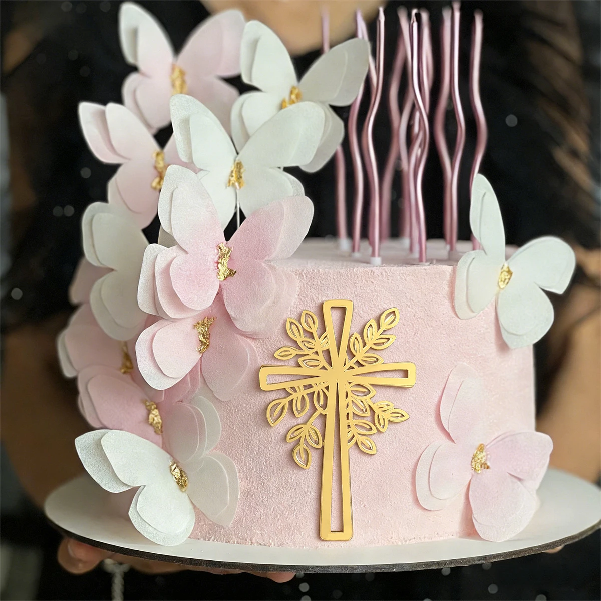 3pcs/6pcs Gold Acrylic Cross Cake Toppers Leaf Design Cake Picks for Baptism First Communion Party Decor Supplies