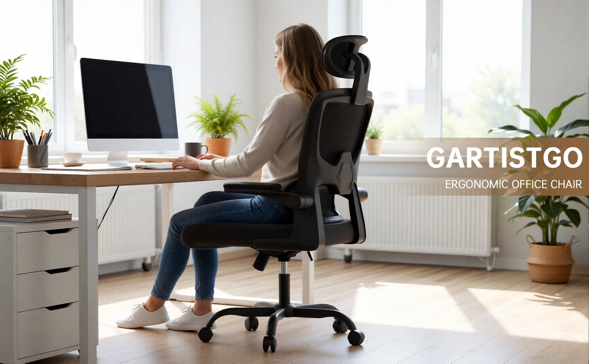 Ergonomic Office Chair with Lumbar Support, Home Office Desk Computer Chairs Adjustable Headrest and Flip-up Armrests