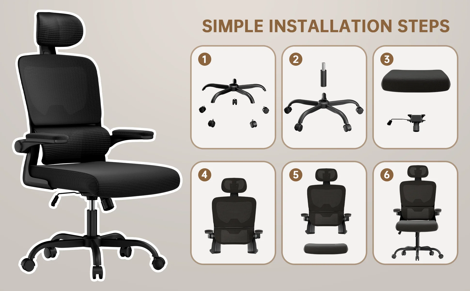 Ergonomic Office Chair with Lumbar Support, Home Office Desk Computer Chairs Adjustable Headrest and Flip-up Armrests