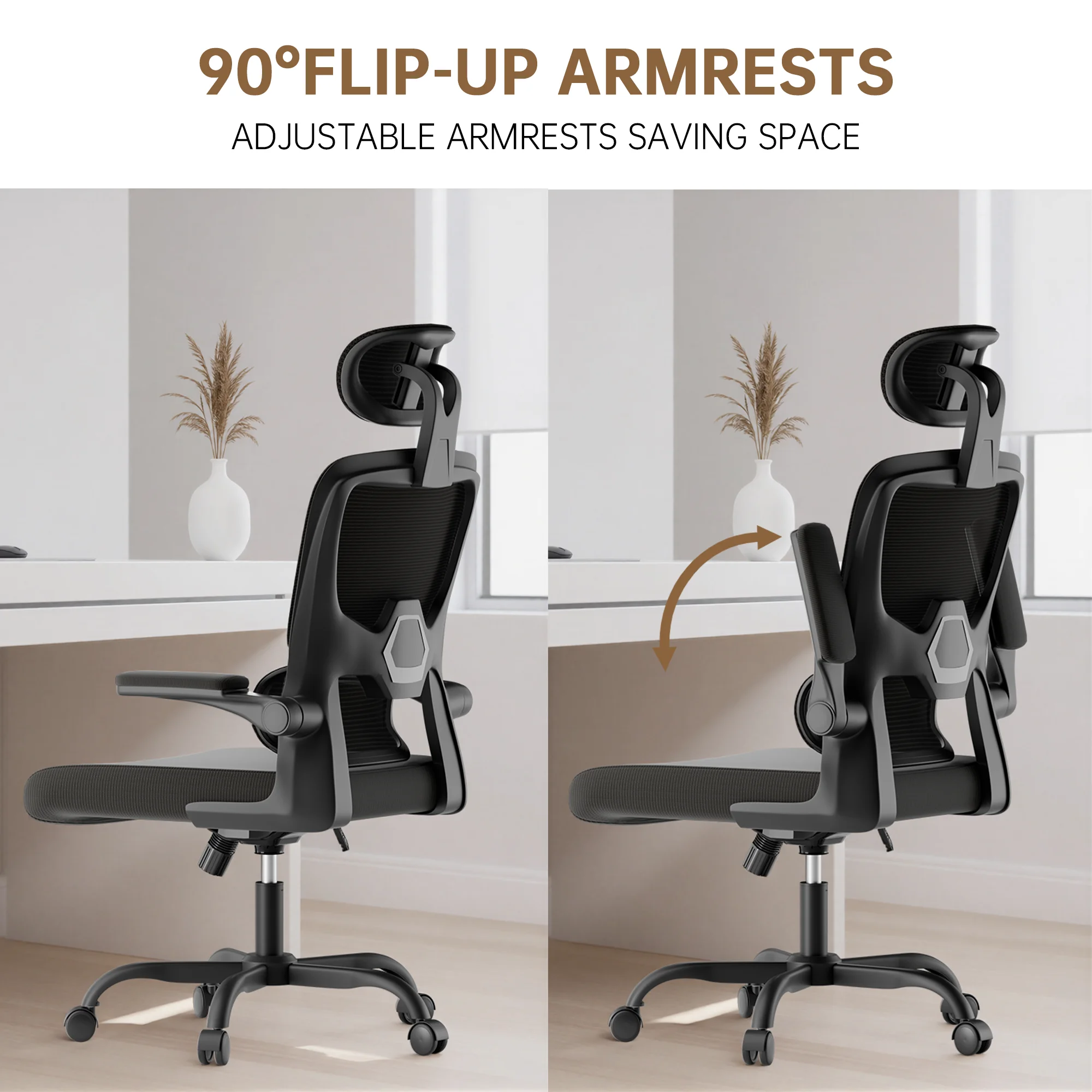 Ergonomic Office Chair with Lumbar Support, Home Office Desk Computer Chairs Adjustable Headrest and Flip-up Armrests