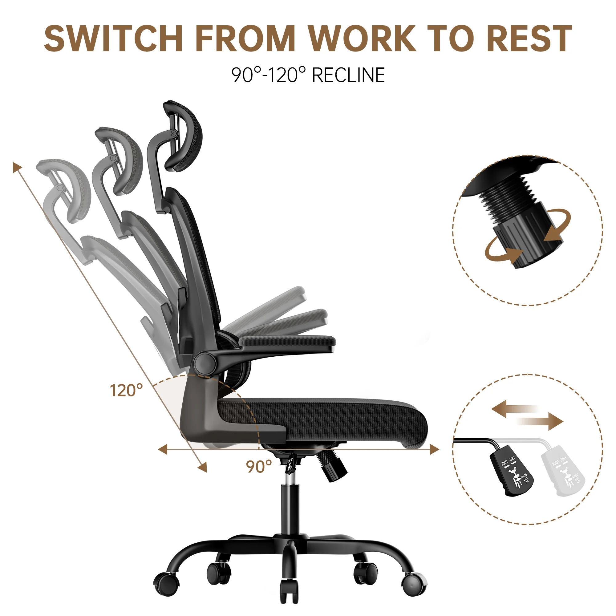 Ergonomic Office Chair with Lumbar Support, Home Office Desk Computer Chairs Adjustable Headrest and Flip-up Armrests