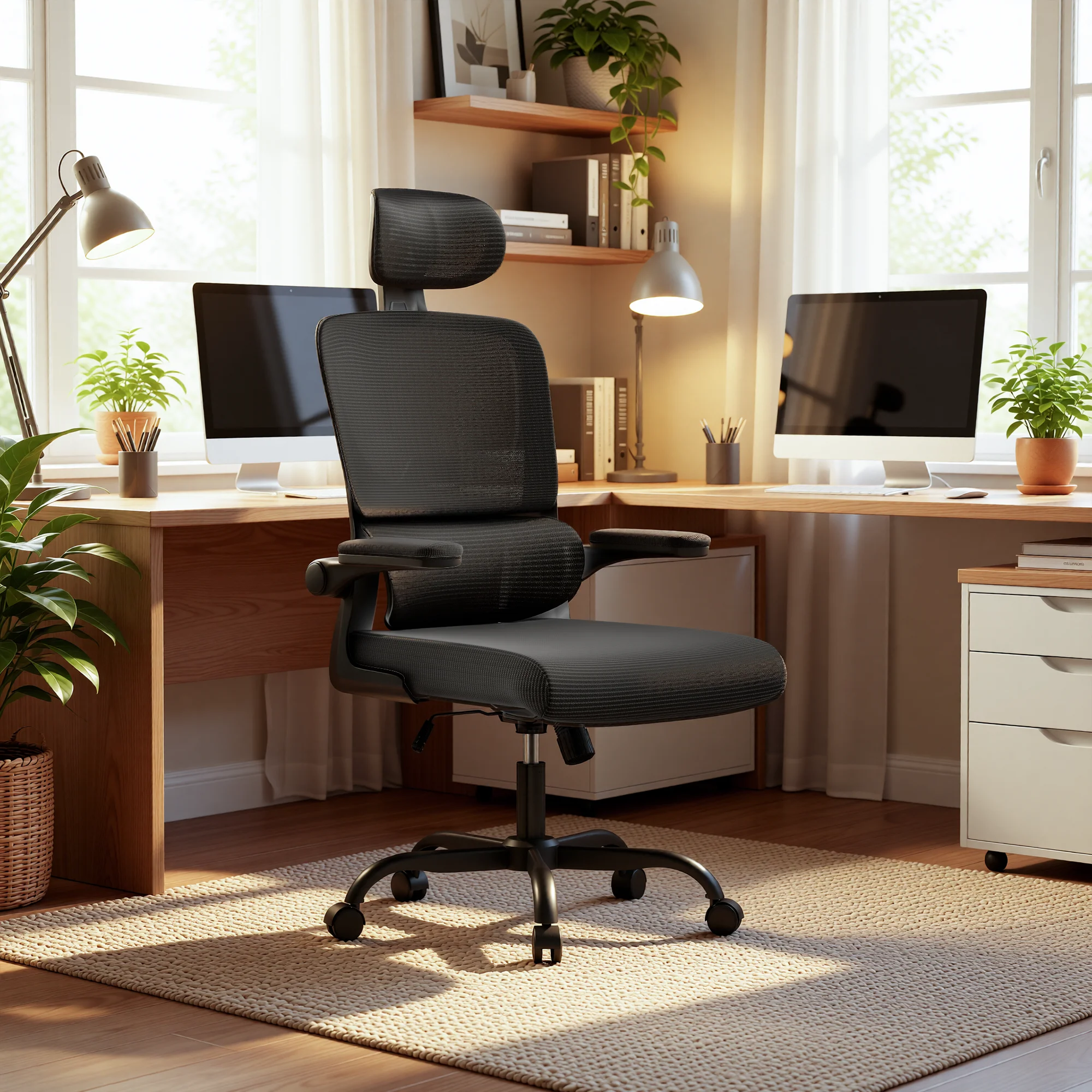 Ergonomic Office Chair with Lumbar Support, Home Office Desk Computer Chairs Adjustable Headrest and Flip-up Armrests