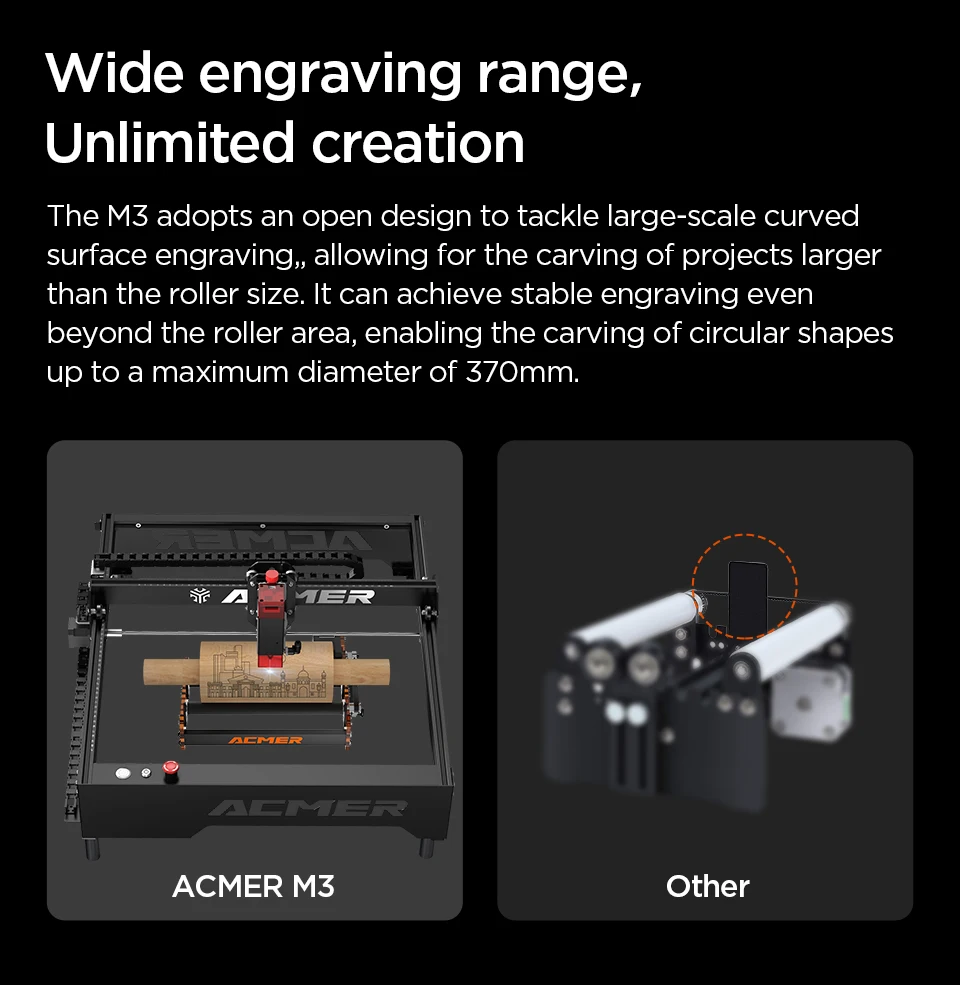 ACMER M3 Rotary Roller for 95% Laser Engraver Y-axis Roller 360° Rotating 6-164mm Engraving Diameter For Cylindrical Objects