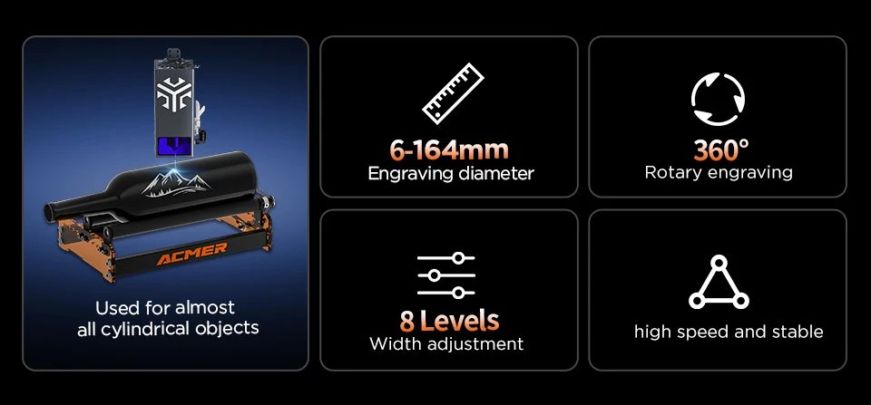 ACMER M3 Rotary Roller for 95% Laser Engraver Y-axis Roller 360° Rotating 6-164mm Engraving Diameter For Cylindrical Objects