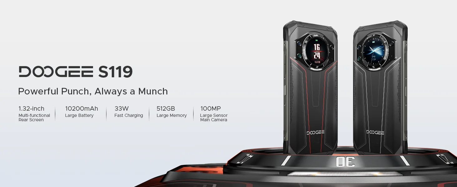 DOOGEE S119 Rugged Phone 1.32" Rear Display 6.72" 32GB(8+24) 512GB 100MP Main Camera 10200mAh Large Battery NFC Cellphone