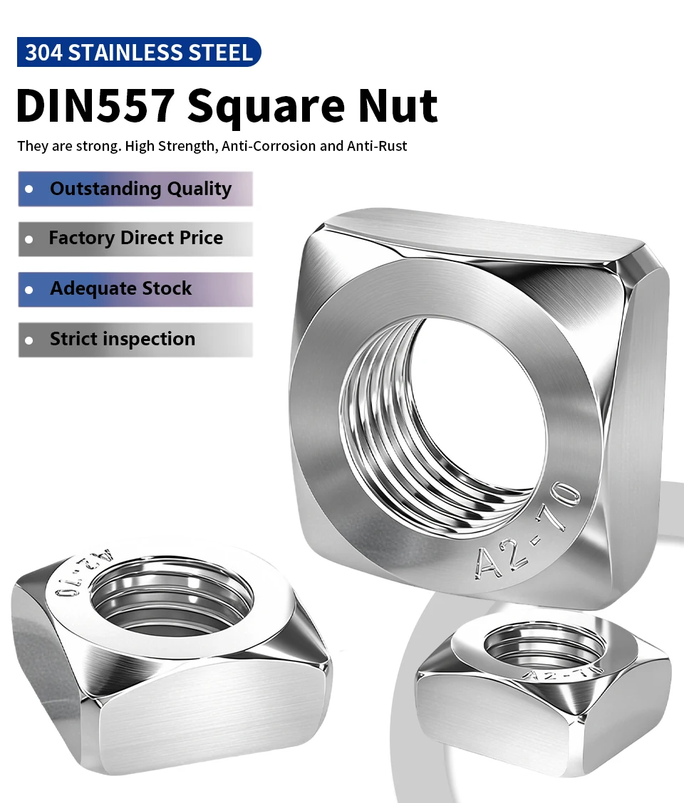 DIN557 Square Nuts 304 Stainless Steel M3 M4 M5 M6 M8 M10 M12 Four‑Sided Nuts for Industry Fastening