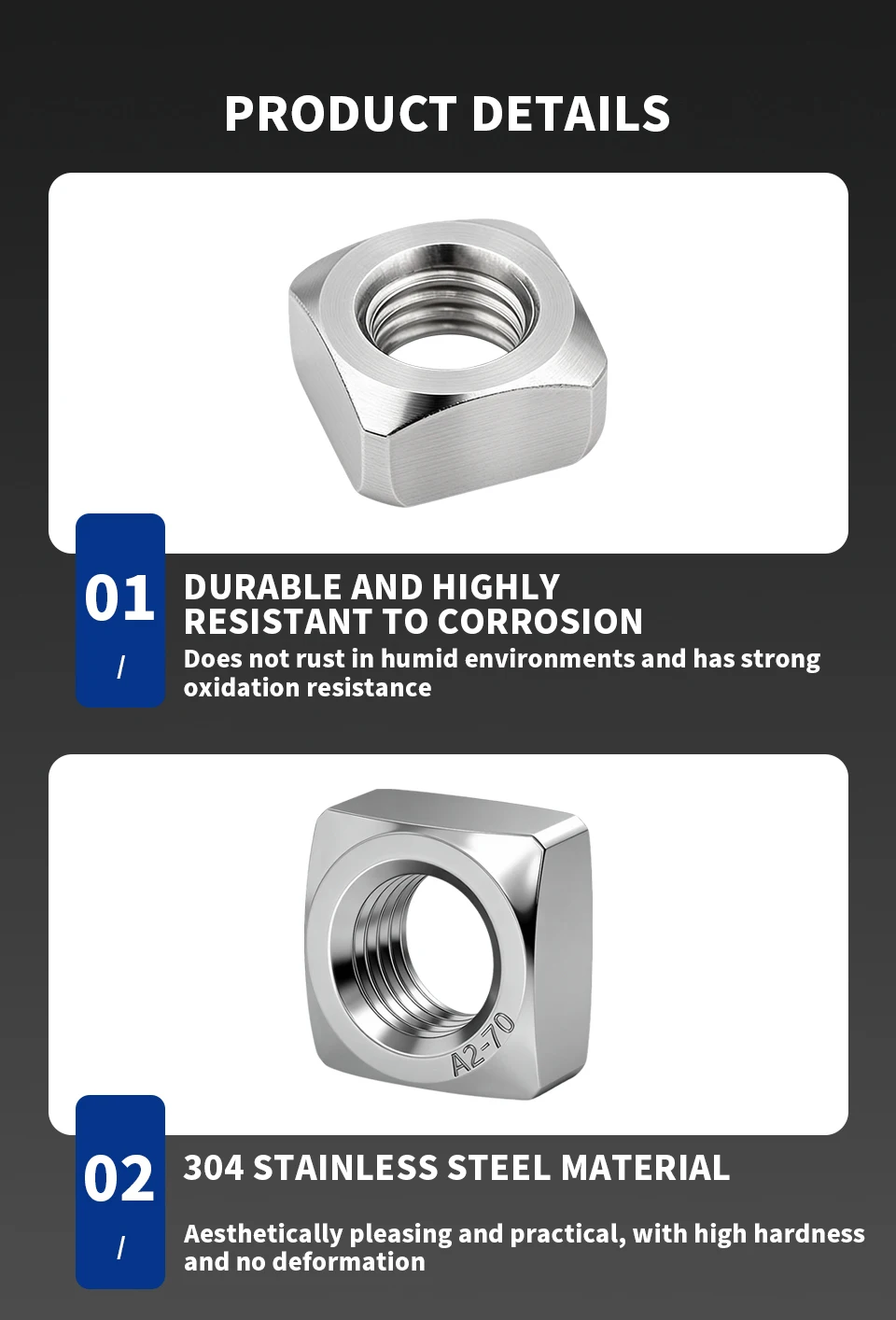 DIN557 Square Nuts 304 Stainless Steel M3 M4 M5 M6 M8 M10 M12 Four‑Sided Nuts for Industry Fastening