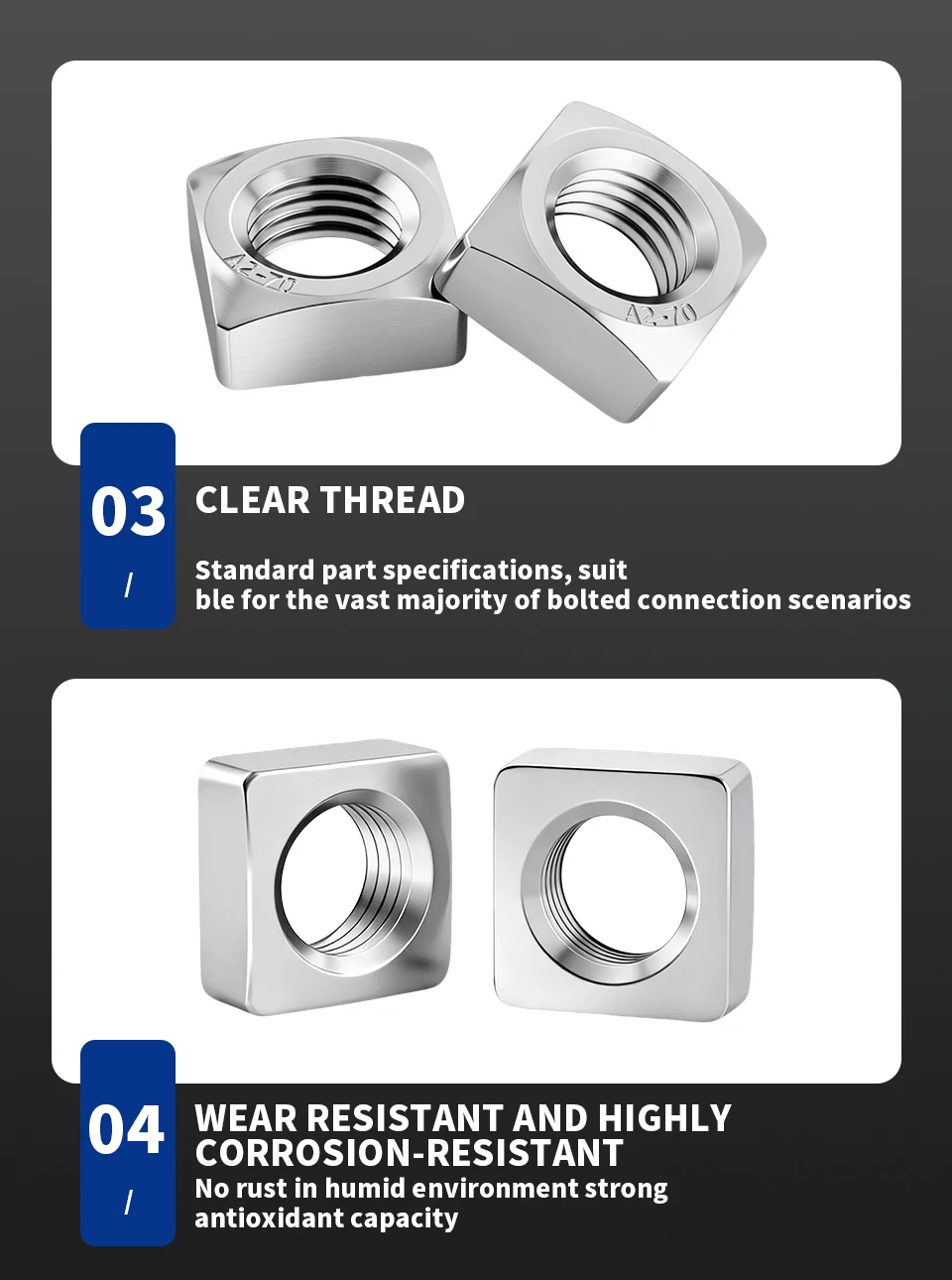 DIN557 Square Nuts 304 Stainless Steel M3 M4 M5 M6 M8 M10 M12 Four‑Sided Nuts for Industry Fastening