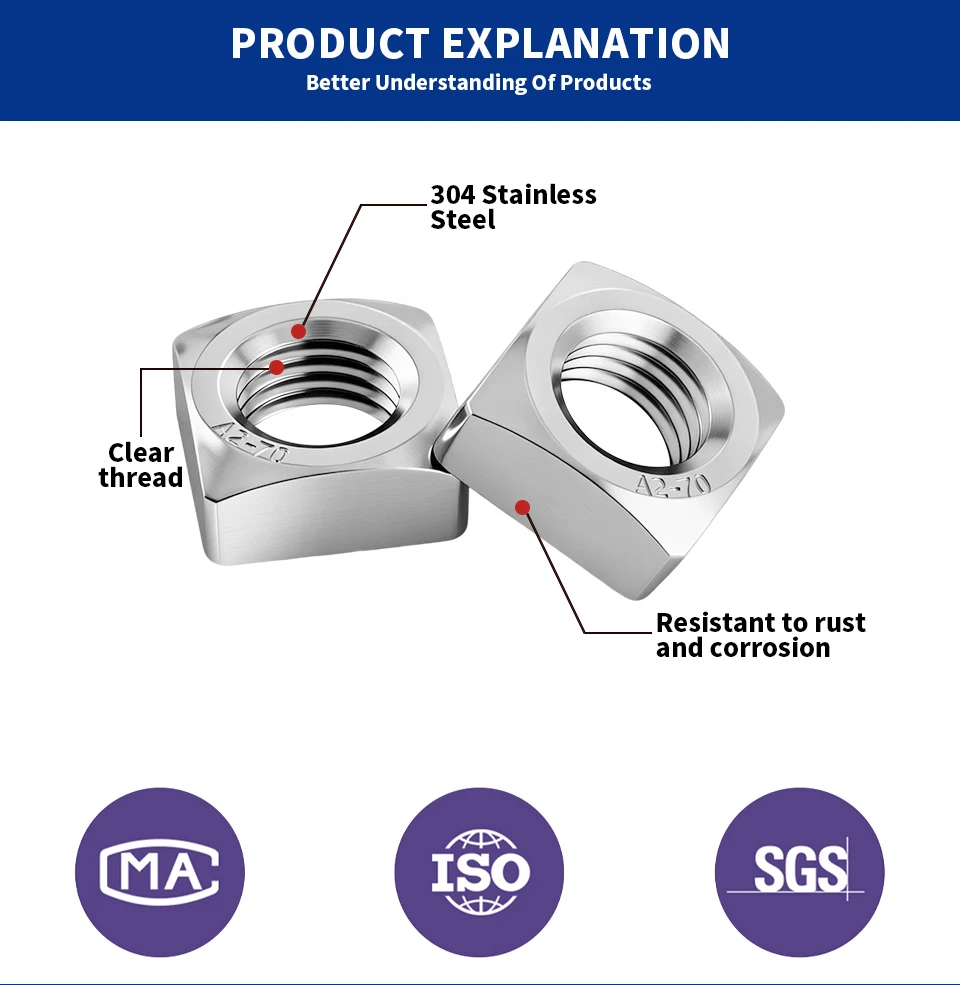 DIN557 Square Nuts 304 Stainless Steel M3 M4 M5 M6 M8 M10 M12 Four‑Sided Nuts for Industry Fastening