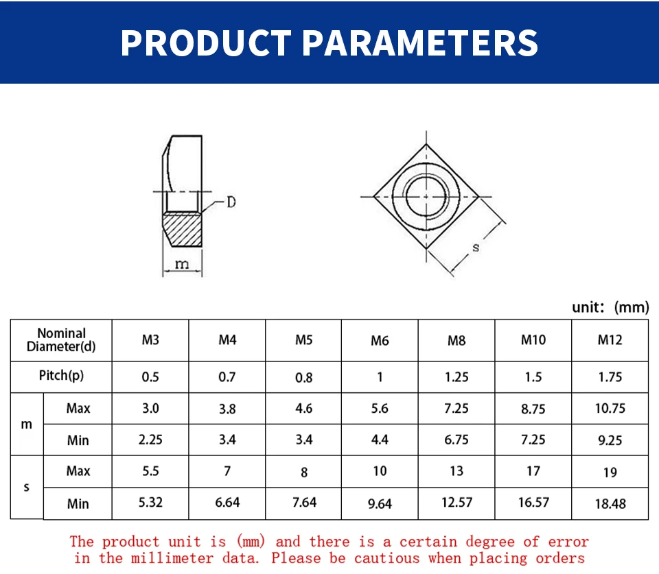 DIN557 Square Nuts 304 Stainless Steel M3 M4 M5 M6 M8 M10 M12 Four‑Sided Nuts for Industry Fastening
