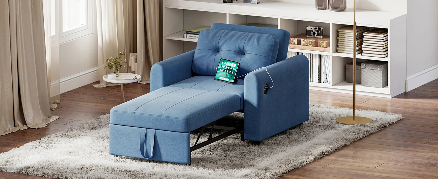 Sofa Bed, 3 in 1 Convertible Single Sofa Bed with USB & Type-C Ports, Pull Out Linen Single Sleeper Chair with Pocket