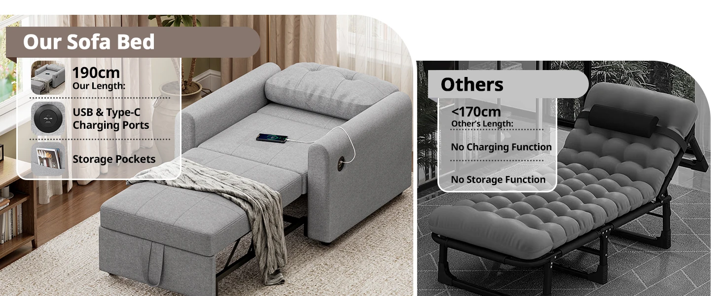 Sofa Bed, 3 in 1 Convertible Single Sofa Bed with USB & Type-C Ports, Pull Out Linen Single Sleeper Chair with Pocket