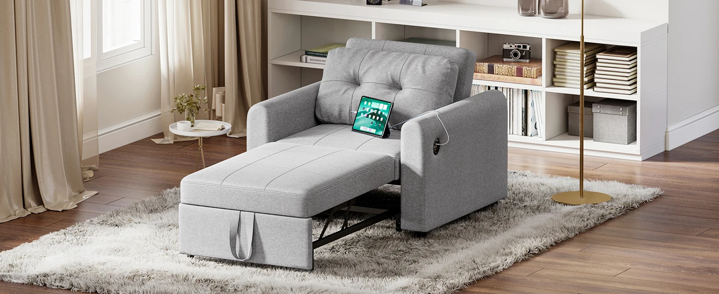 Sofa Bed, 3 in 1 Convertible Single Sofa Bed with USB & Type-C Ports, Pull Out Linen Single Sleeper Chair with Pocket