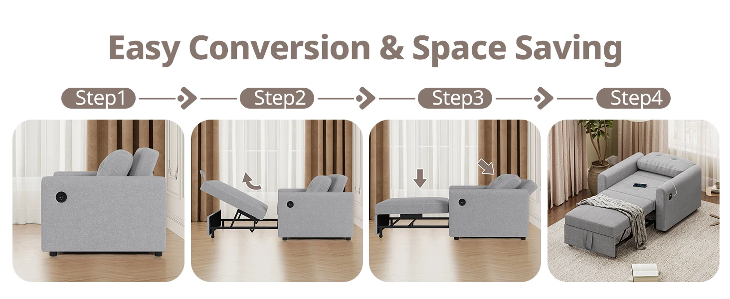 Sofa Bed, 3 in 1 Convertible Single Sofa Bed with USB & Type-C Ports, Pull Out Linen Single Sleeper Chair with Pocket