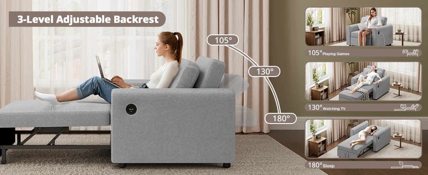 Sofa Bed, 3 in 1 Convertible Single Sofa Bed with USB & Type-C Ports, Pull Out Linen Single Sleeper Chair with Pocket