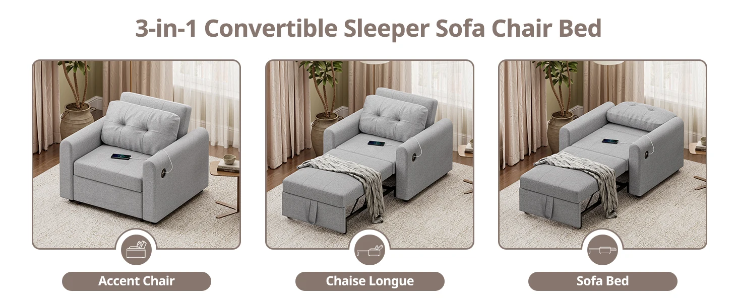 Sofa Bed, 3 in 1 Convertible Single Sofa Bed with USB & Type-C Ports, Pull Out Linen Single Sleeper Chair with Pocket