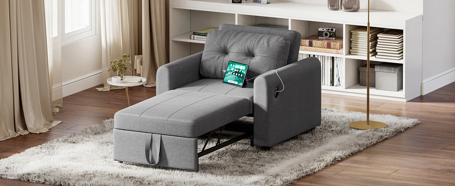 Sofa Bed, 3 in 1 Convertible Single Sofa Bed with USB & Type-C Ports, Pull Out Linen Single Sleeper Chair with Pocket
