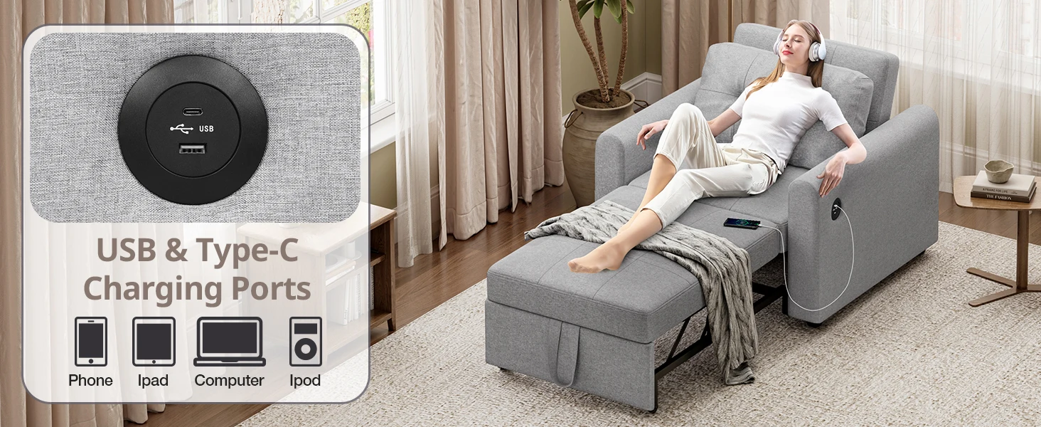 Sofa Bed, 3 in 1 Convertible Single Sofa Bed with USB & Type-C Ports, Pull Out Linen Single Sleeper Chair with Pocket