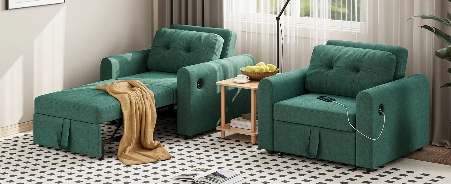 Sofa Bed, 3 in 1 Convertible Single Sofa Bed with USB & Type-C Ports, Pull Out Linen Single Sleeper Chair with Pocket