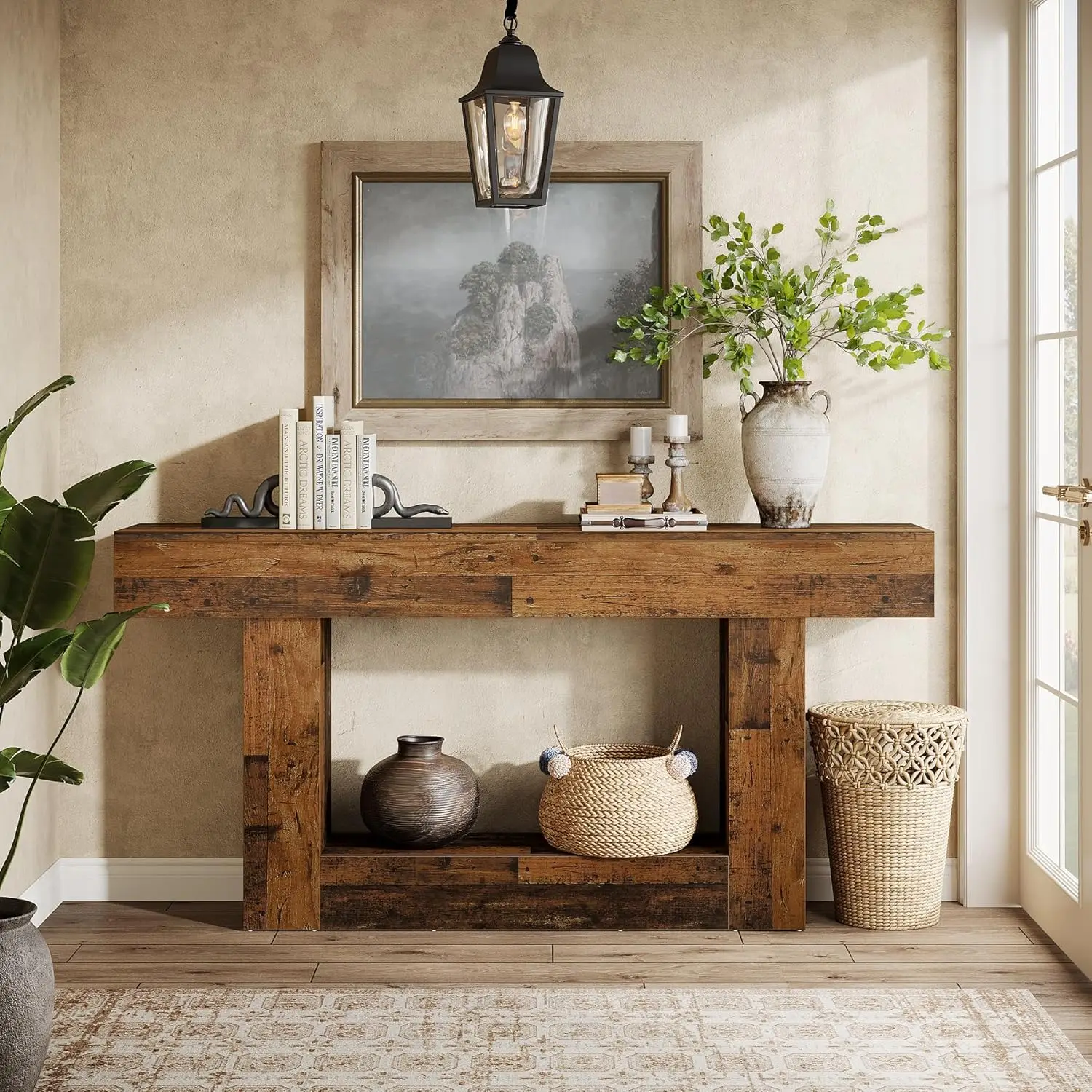 Tribesigns 63" Console Table, Farmhouse 2-Tier Entryway Table with U-Shaped Base, Narrow Long Wood Sofa Table Behind Couch Table