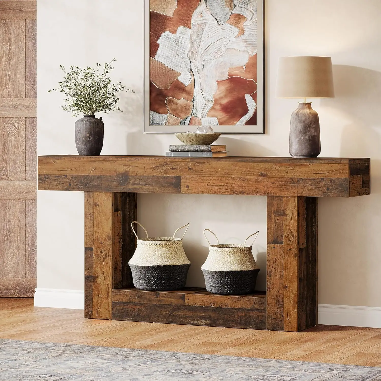 Tribesigns 63" Console Table, Farmhouse 2-Tier Entryway Table with U-Shaped Base, Narrow Long Wood Sofa Table Behind Couch Table