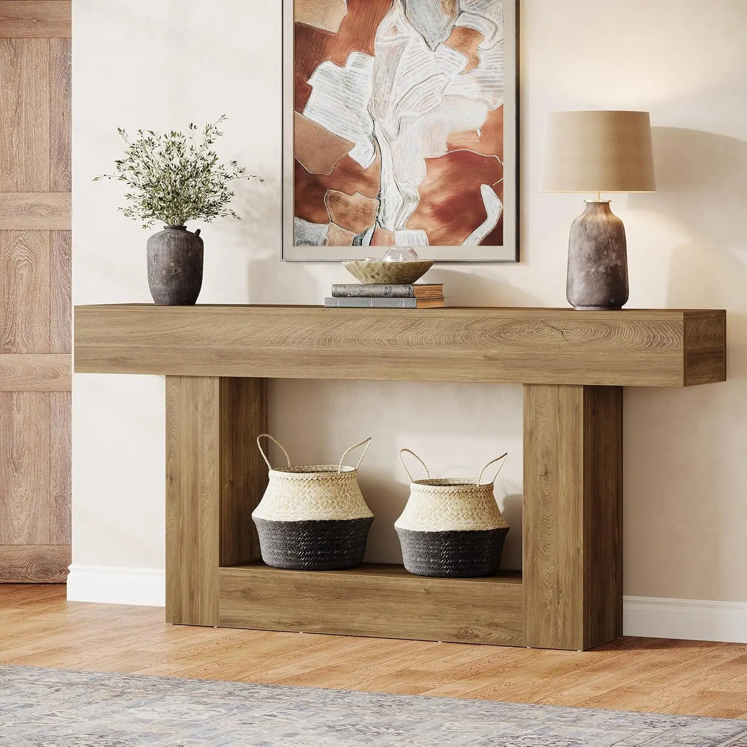 Tribesigns 63" Console Table, Farmhouse 2-Tier Entryway Table with U-Shaped Base, Narrow Long Wood Sofa Table Behind Couch Table
