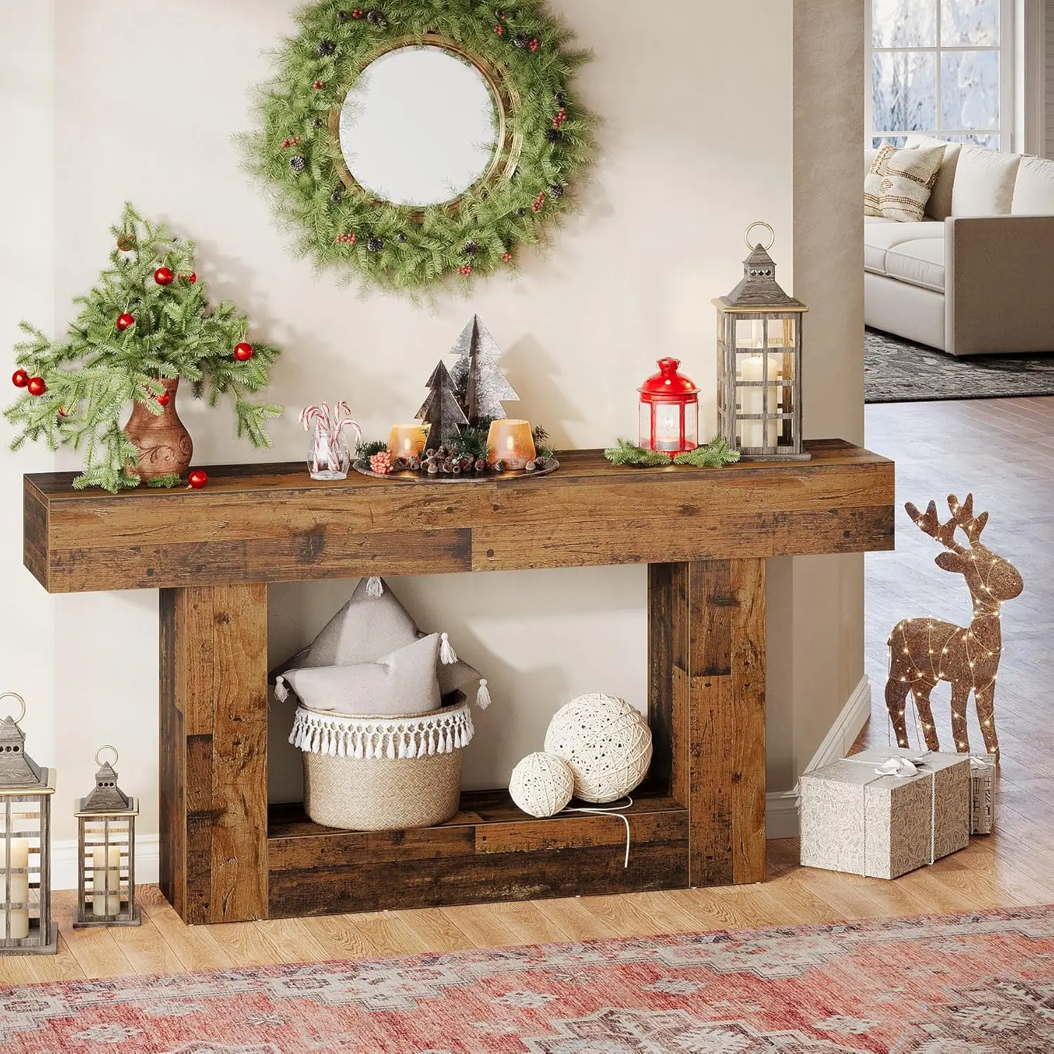 Tribesigns 63" Console Table, Farmhouse 2-Tier Entryway Table with U-Shaped Base, Narrow Long Wood Sofa Table Behind Couch Table