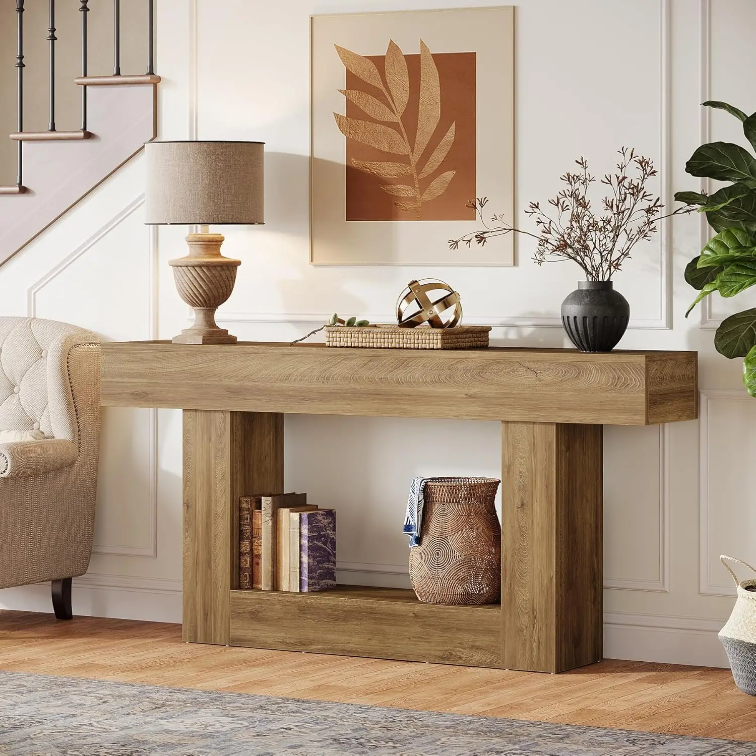 Tribesigns 63" Console Table, Farmhouse 2-Tier Entryway Table with U-Shaped Base, Narrow Long Wood Sofa Table Behind Couch Table