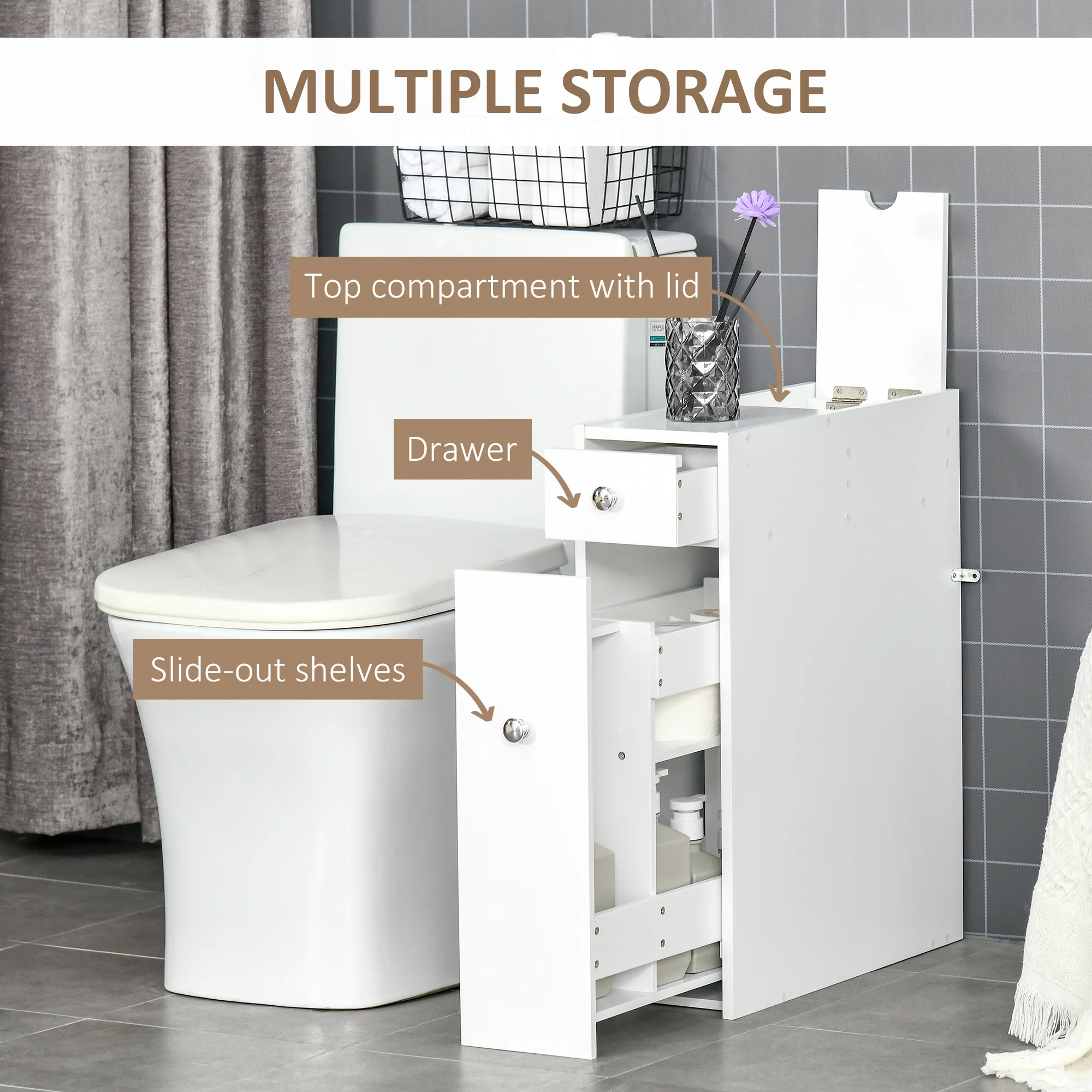 HOMCOM Slim Floor Cabinet Narrow Wooden Storage with Drawers Bathroom White
