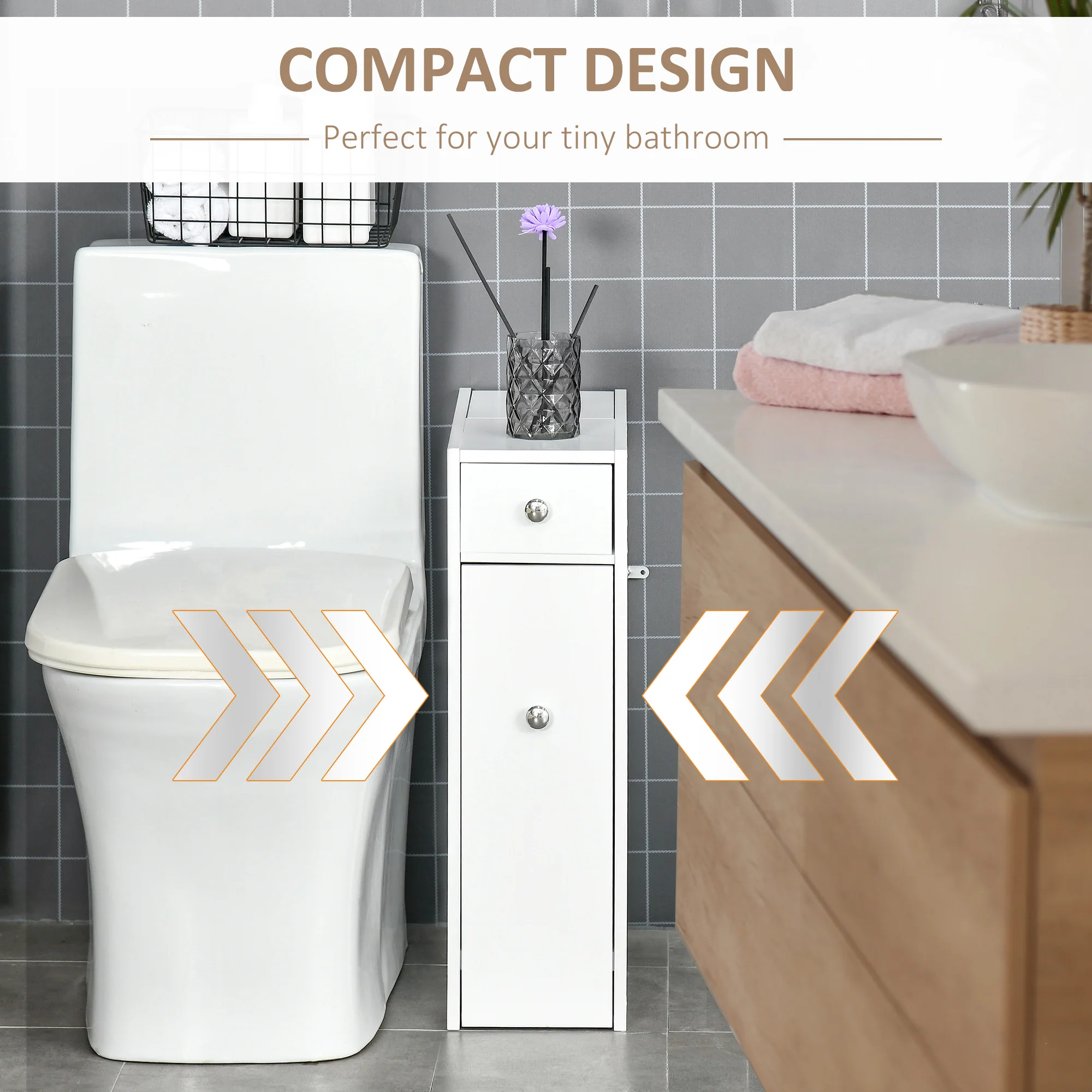 HOMCOM Slim Floor Cabinet Narrow Wooden Storage with Drawers Bathroom White