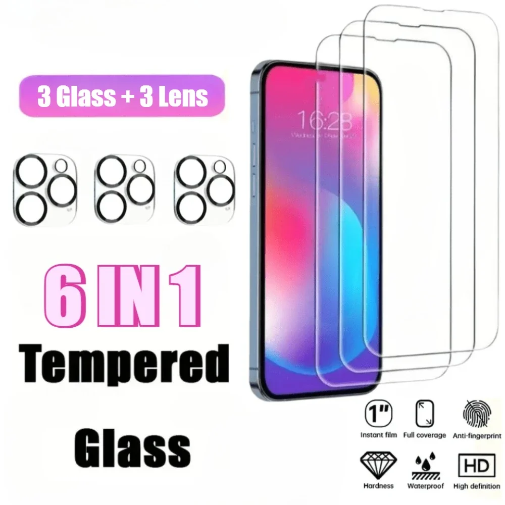 6-IN-1 Tempered Glass Screen Protector For iPhone 16 15 14 Pro Max 14 15 Plus Camera Lens Glass For iPhone 16e 13 11 12 Pro Max