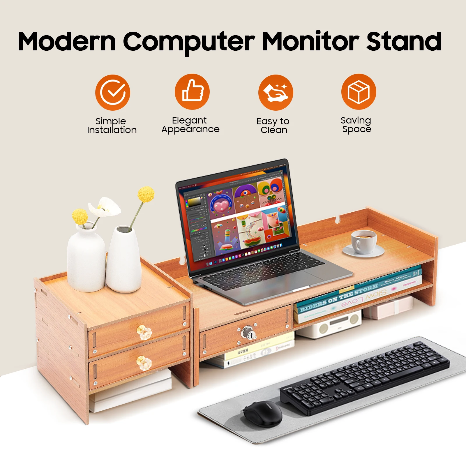 3 Drawers Computer Storage Rack Computer Monitor Stand Office Desktop Organizer Cabinet 2* Keys for Study, Office, Living Room
