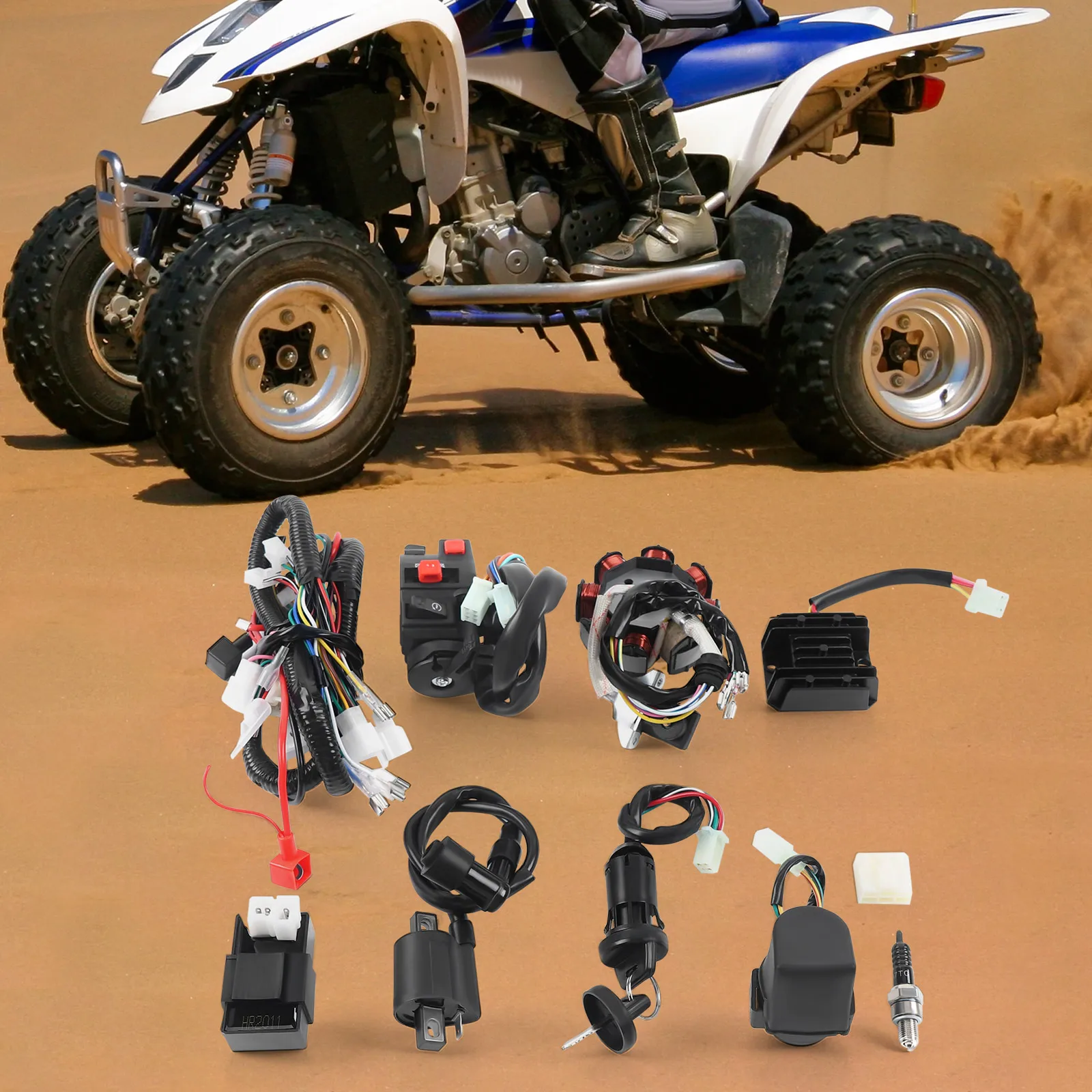 ATV Wiring Harness Kit, Complete Electric Wiring, Harness CDI Ignition Coil with Lead For 4-stroke ATV QUAD 125-250CC