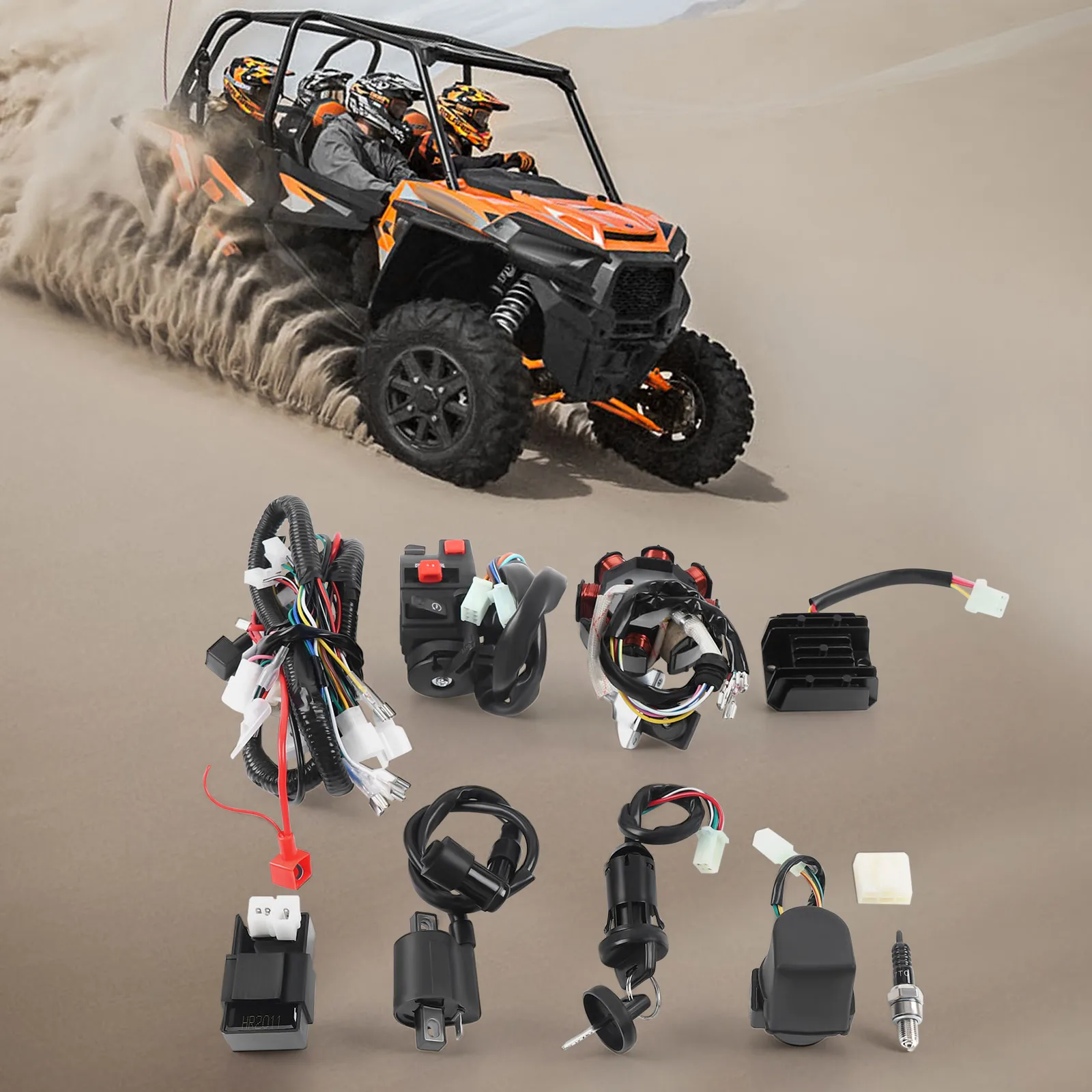 ATV Wiring Harness Kit, Complete Electric Wiring, Harness CDI Ignition Coil with Lead For 4-stroke ATV QUAD 125-250CC