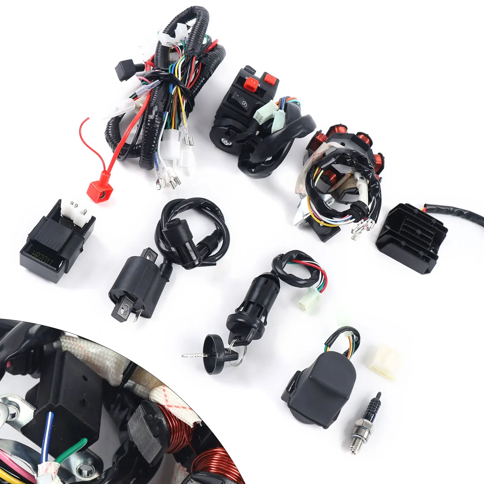 ATV Wiring Harness Kit, Complete Electric Wiring, Harness CDI Ignition Coil with Lead For 4-stroke ATV QUAD 125-250CC