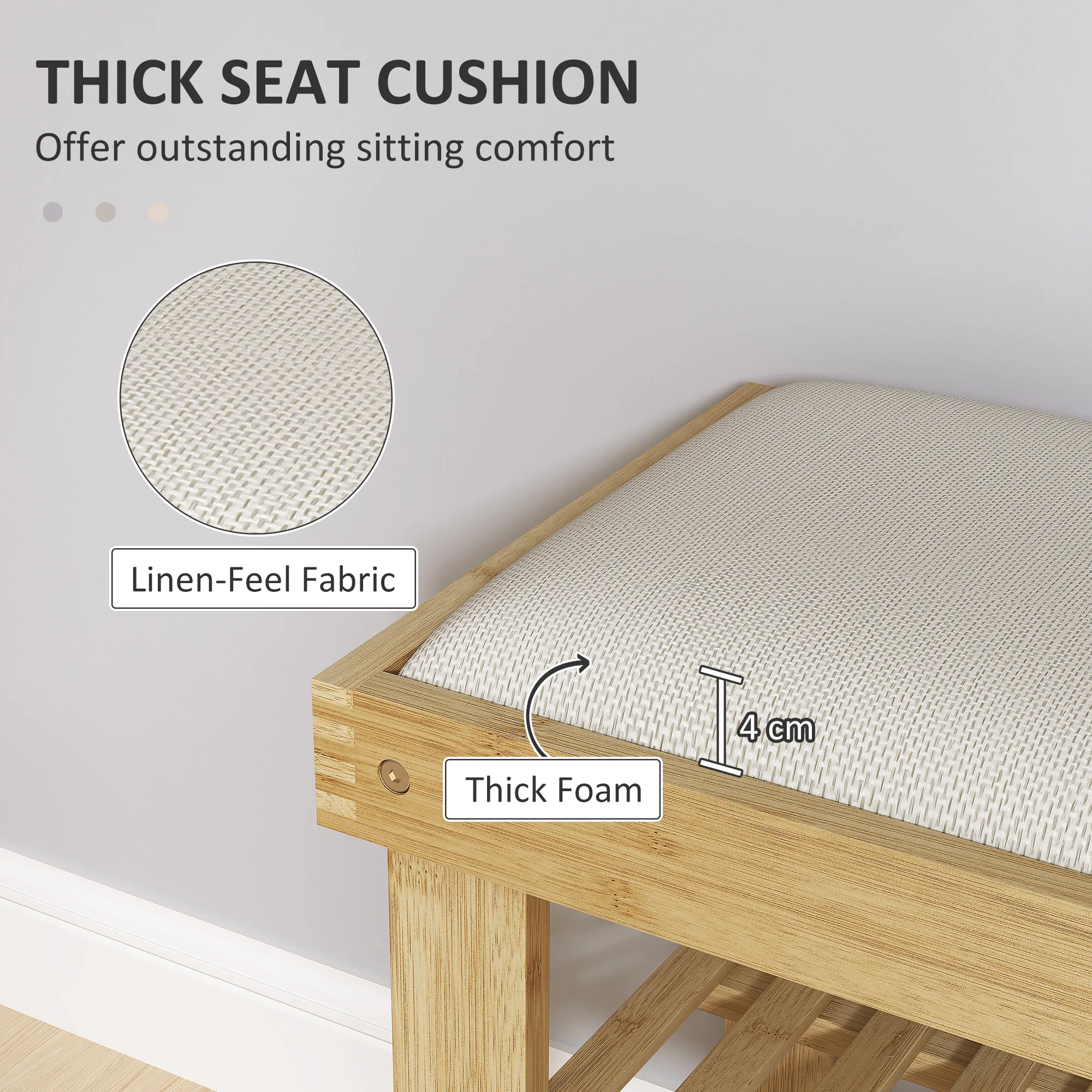 HOMCOM 3-Tier Shoe Storage Bench, Bamboo Shoe Rack for Entryway, Cream