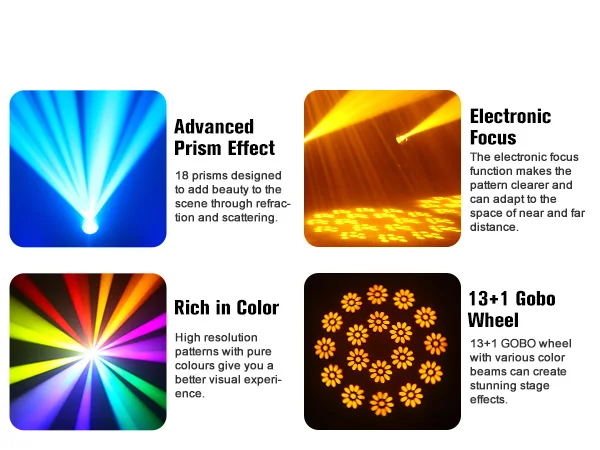 U'King 150W Beam Moving Head Light Rotating 18 Prisms 14 Gobos LED Rainbow Effect Zoom Stage Light DMX512 for DJ Disco Show Bar
