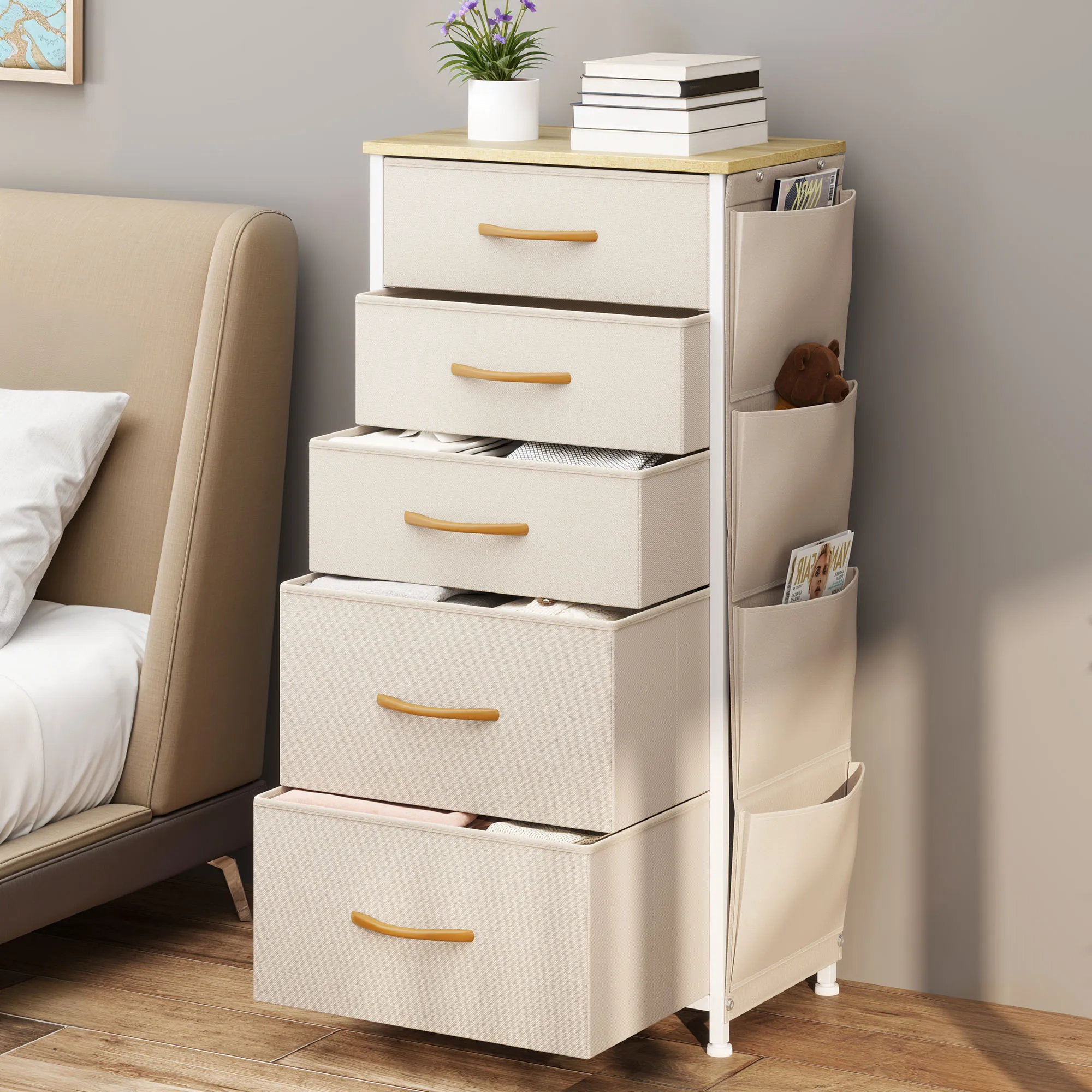 YITAHOME 5-Drawer Fabric Dresser w/Side Pockets & Hooks - Metal Frame & Wood Top for Bedroom, Nursery, Hallway (Beige)