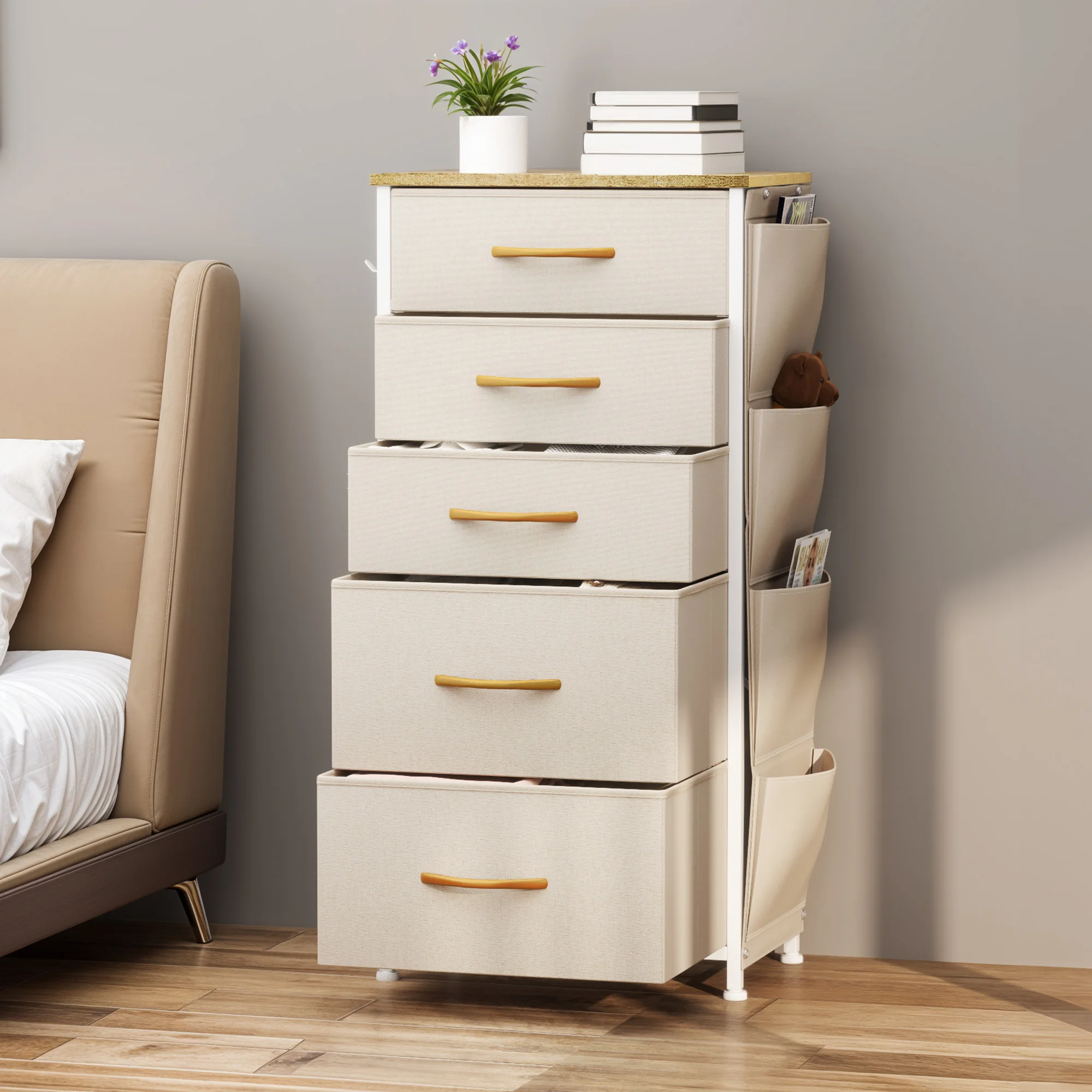 YITAHOME 5-Drawer Fabric Dresser w/Side Pockets & Hooks - Metal Frame & Wood Top for Bedroom, Nursery, Hallway (Beige)