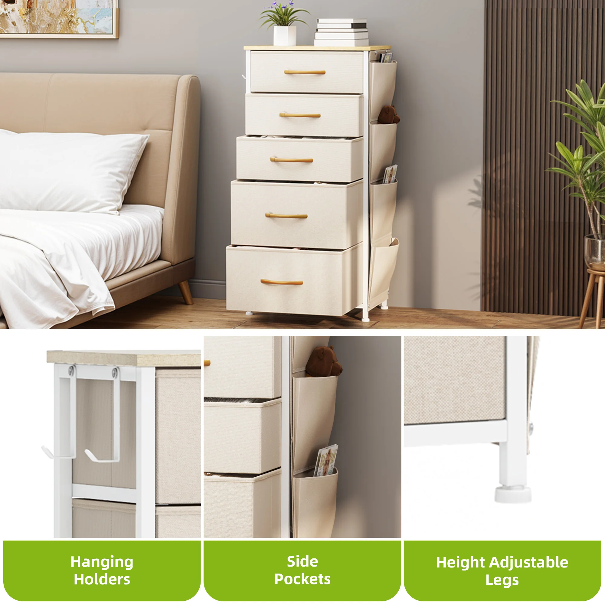 YITAHOME 5-Drawer Fabric Dresser w/Side Pockets & Hooks - Metal Frame & Wood Top for Bedroom, Nursery, Hallway (Beige)