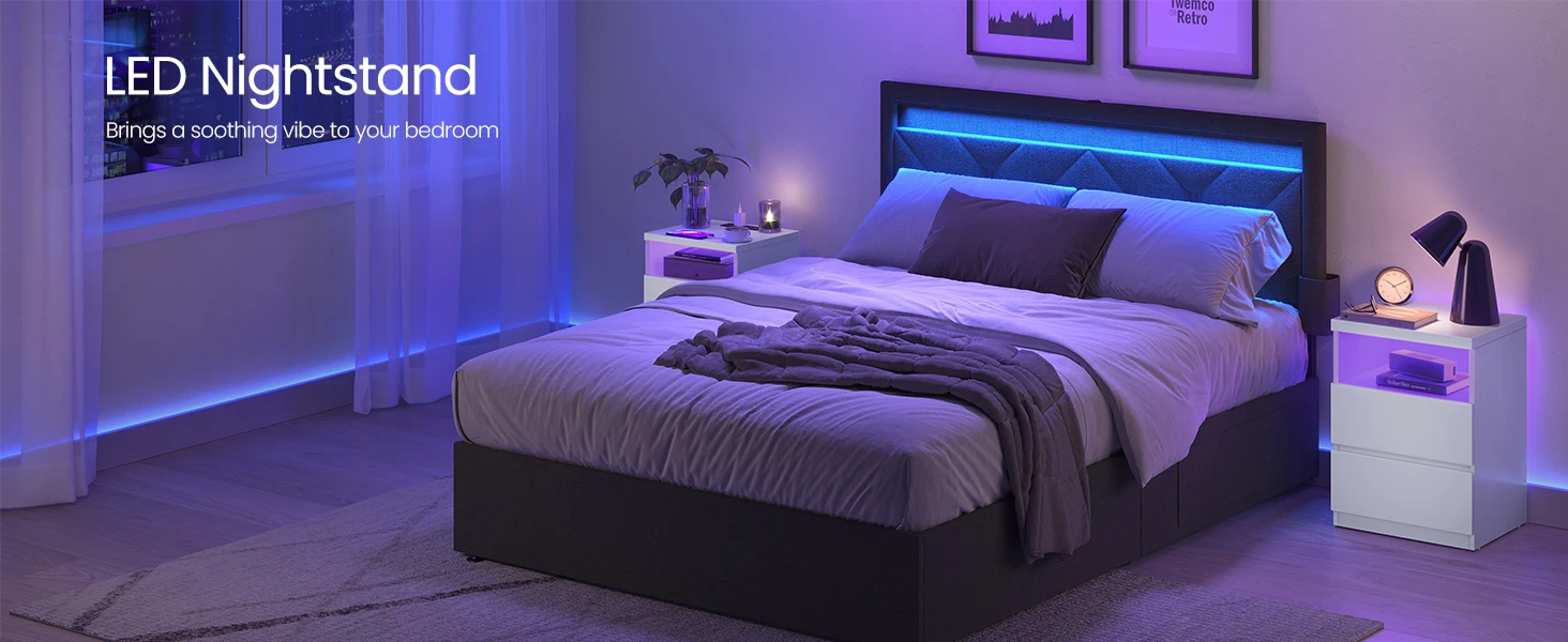 VASAGLE KAILYN Collection - Nightstand with Adjustable LED Light, Bedside Table with Drawers, Side Table